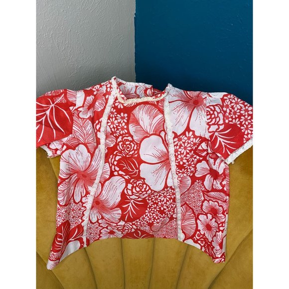 HANDMADE BABY DRESS - Red White Floral - White Lace Trim - Vintage - 15" Long - Picture 1 of 13